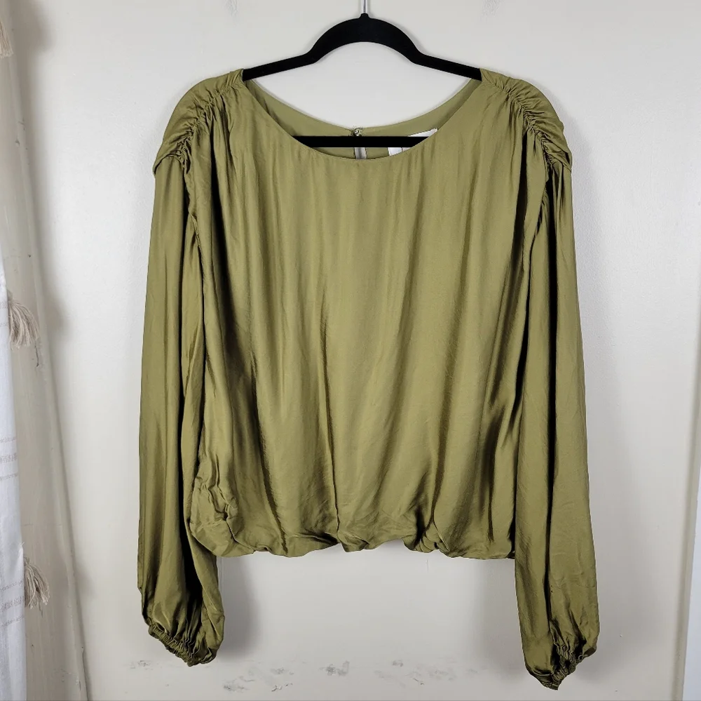 By Anthropologie Olive Green Balloon Sleeve Silky Blouse Top